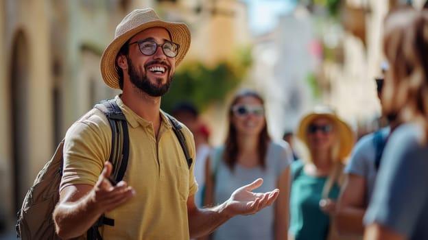 A cheerful tour guide leads a group through a historic city, sharing stories and insights about the rich cultural heritage..