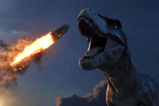 A fierce Tyrannosaurus Rex roars defiantly as a blazing meteor approaches, symbolizing the impending extinction of the dinosaurs.
