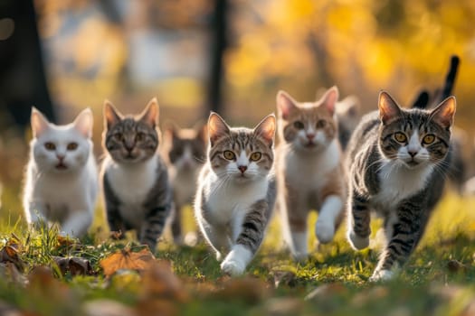 A group of diverse cats walking together on grass with autumn foliage in the background, creating a charming and whimsical scene.