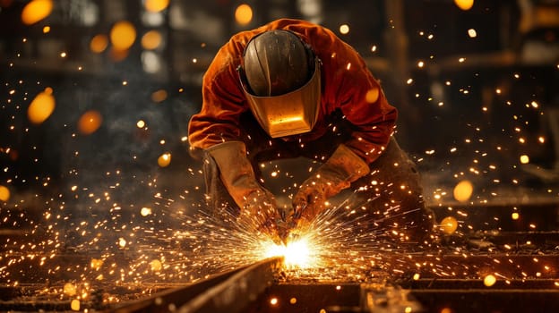 Closeup of industrial welder wearing protective orange clothing and helmet, working with intense sparks flying. Dramatic lighting highlights metalworking craftsmanship.