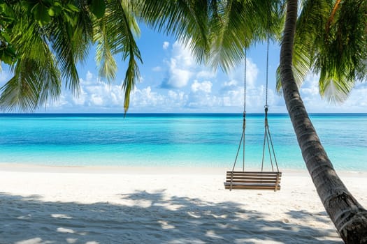 Idyllic tropical beach scene with turquoise waters, white sand, and a wooden swing hanging from a palm tree, embodying the perfect relaxation getaway.