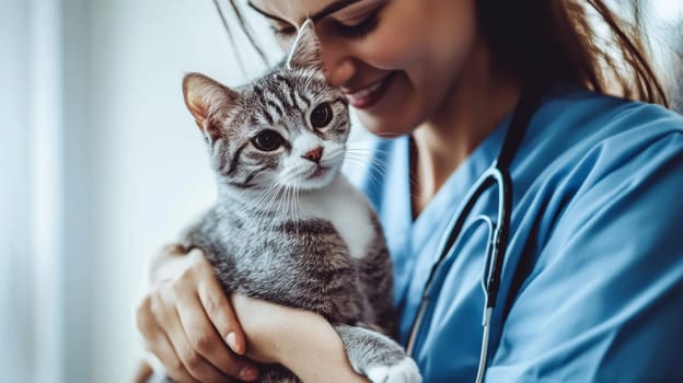 Female veterinarian in blue scrubs gently holding a young tabby kitten, showcasing professional animal care and the bond between healthcare providers and pets.