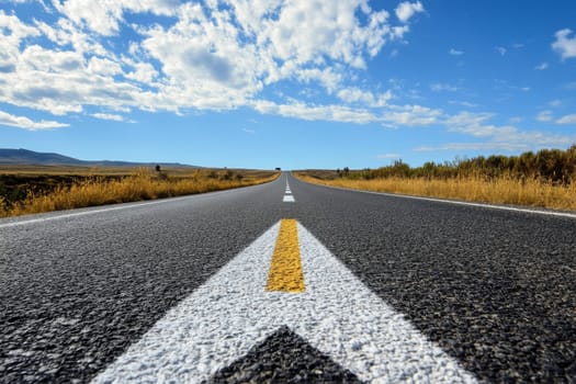 A long straight road stretches to the horizon, bordered by golden fields and set against a bright blue sky with scattered white clouds.
