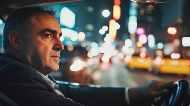 Mature businessman in suit looks thoughtfully out car window at vibrant night city lights, capturing urban lifestyle and contemplative mood.