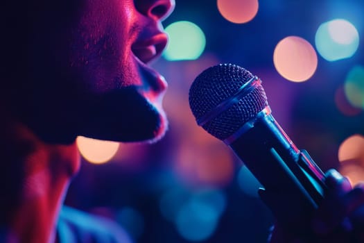 Close-up of a professional microphone with a singer's mouth in the background, set against a vibrant, colorful bokeh of stage lights creating a lively atmosphere.