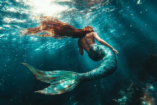 Mythical mermaid with long flowing hair and shimmering tail gracefully swimming in deep blue waters, sunlight filtering through the surface.