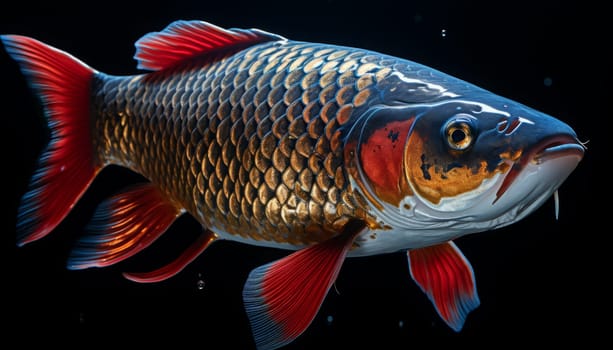 Close up view of Koi fish on dark background.