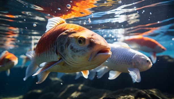 Close up view of Koi fish on clear water background.
