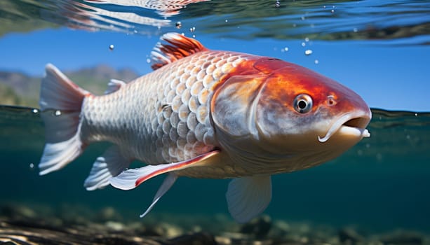 Close up view of Koi fish on clear water background.