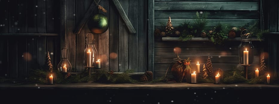 Christmas banner background with candles light and fir tree branches in dark rural interior with wooden wall. Natural cottagecore vibes and festive golden lights in the twilight. AI Generative content