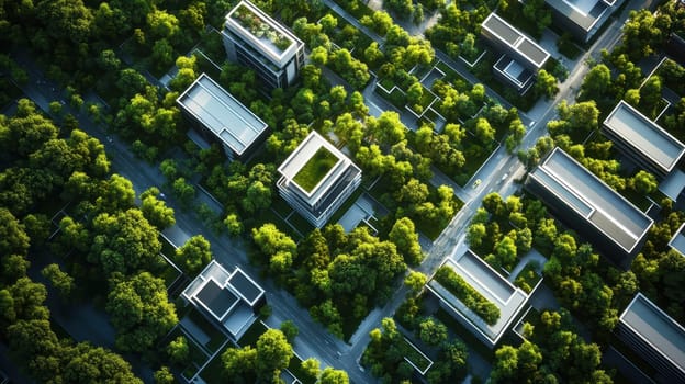 Sustainable urban development,  Aerial view of a green city with abundant trees and modern buildings, showcasing eco friendly architecture and urban planning.