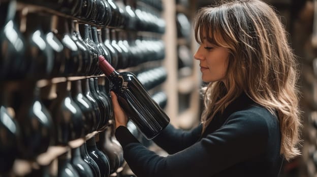 Woman selecting a bottle of wine in a traditional cellar. Concept of wine tasting, winery visit, and buying wine.