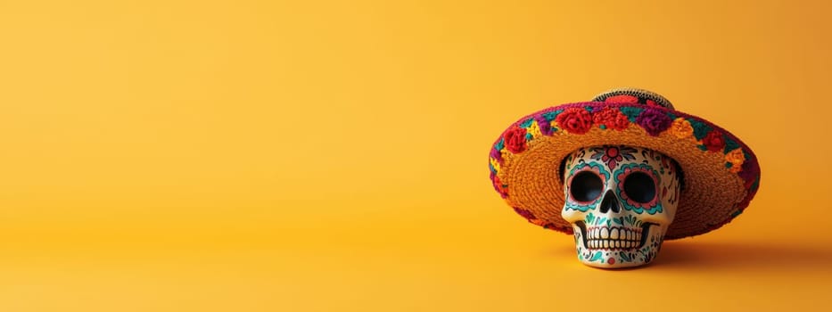 Day of the Dead Sugar Skull with Sombrero. Dia de los Muertos celebration concept.