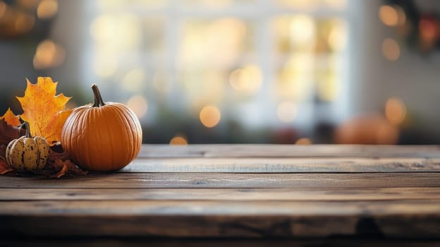 Autumn Still Life,  Pumpkin and Leaves on Rustic Table