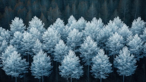 Aerial view of a snowy forest with frost covered trees. Concept of winter, nature and landscape.