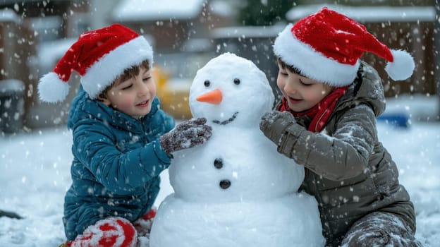 Two happy children building snowman in winter. Concept of Christmas, winter holidays, childhood, fun