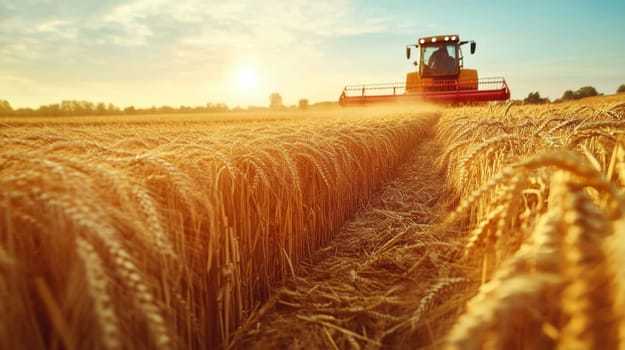 Combine harvester harvesting golden ripe wheat field under sunset light. Concept of harvest, agriculture, farming, food industry, and nature.