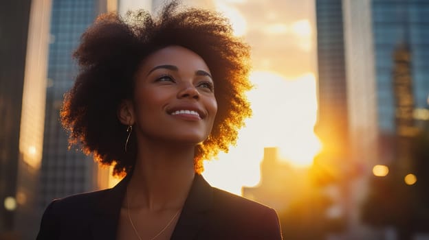 Young Black Businesswoman in City at Sunset with Hopeful Expression