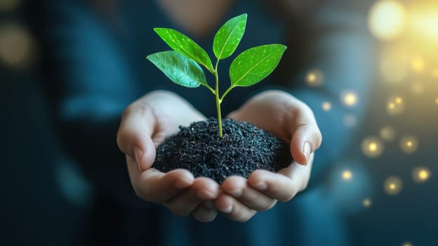 Hands holding a young plant with glowing lights. Concept o  growth, sustainability, environment, and new life.