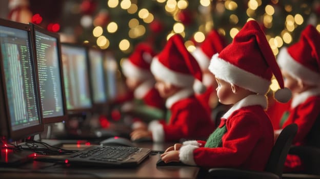Christmas elves working hard on computers to deliver gifts on time. Concept of Christmas preparations, holiday spirit, technology and e commerce.