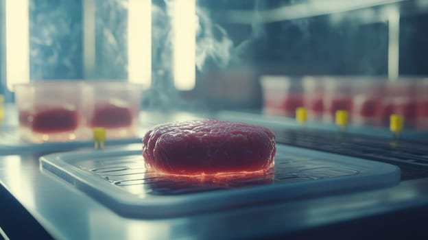 Lab grown meat displayed in a futuristic laboratory environment. Concept of sustainable food, biotechnology, and future of meat production