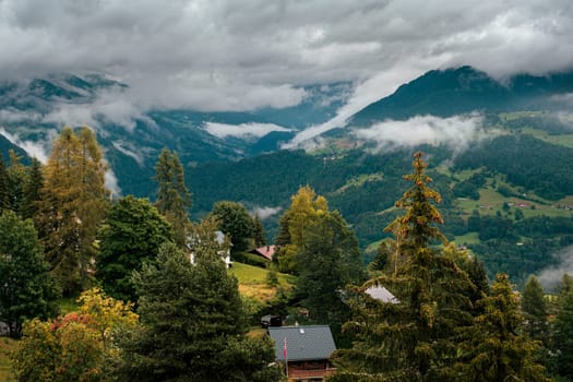 Dramatic view on the Rhone valley seen from swiss mountain village Leysin on cloudy day in summer, tall trees in foreground