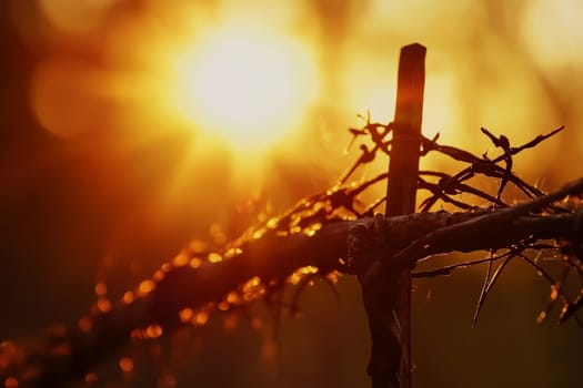 Silhouette of a crown of thorns against a vibrant orange sunset, symbolizing sacrifice and hope, with sharp thorns clearly visible.