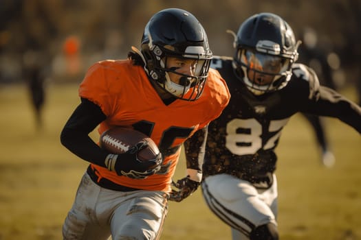 A football player in an orange jersey runs with the ball while evading a tackle from an opposing player in a black uniform during a sunset game.