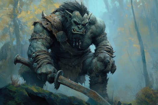 Digital illustration of a giant orc warrior in a misty forest, wielding a massive club and wearing primitive armor, with a menacing expression.