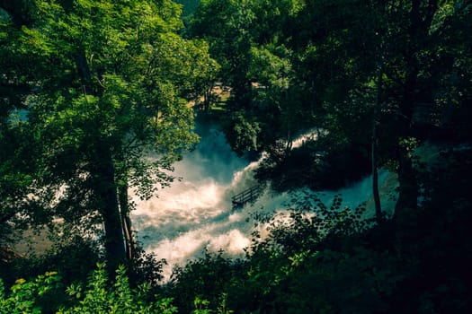 Waterfall of Coo on the Ambleve river after the heavy floods in the summer of 2021 shot from above. Stavelot, Liege province, Belgium