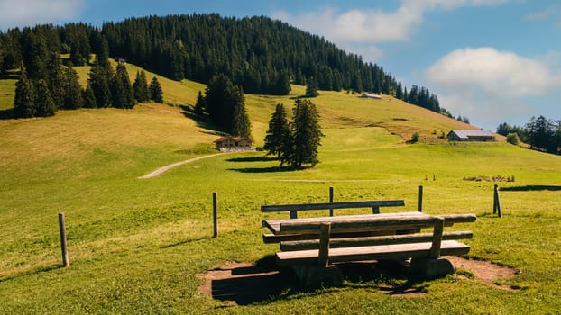 Idyllic picnic spot with wooden bench and table with nice view on alpine pastures and hill top in the Swiss Alps. Leysin, Vaud, Switzerland