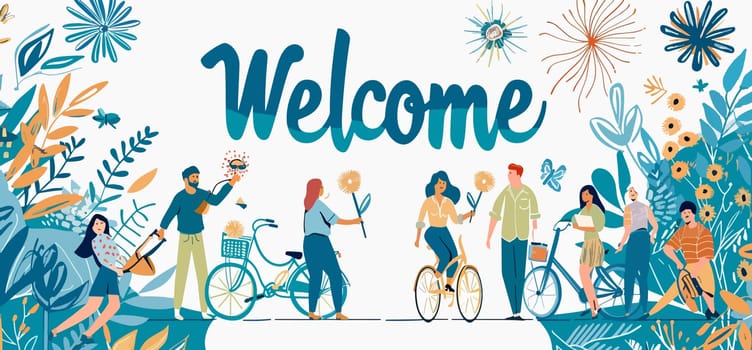 Vibrant welcome illustration with diverse characters celebrating with flowers and bicycles in a festive atmosphere.