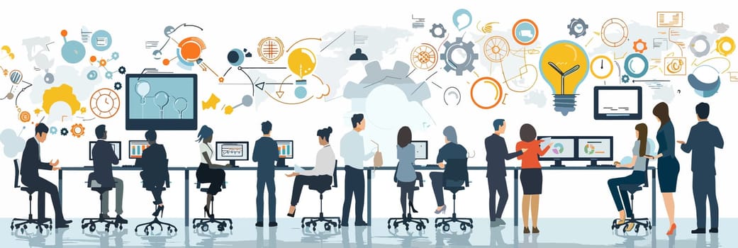 Diverse group collaborating at a digital workspace, surrounded by innovative concepts and technology elements.
