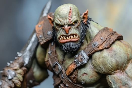 Detailed figurine of a muscular green orc with sharp teeth and fierce expression, wearing primitive armor and ready for battle.