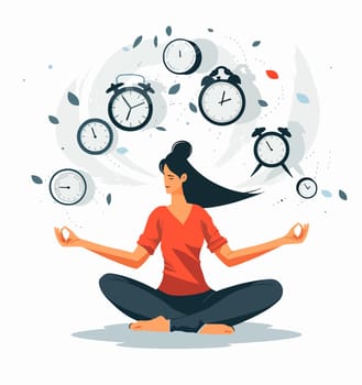 A serene woman meditates amidst swirling clocks, depicting the concept of timelessness and inner peace.