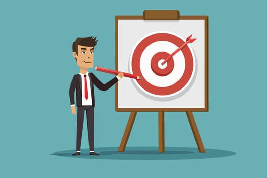 Cartoon businessman with pencil pointing at a target on an easel, symbolizing strategy and goals.