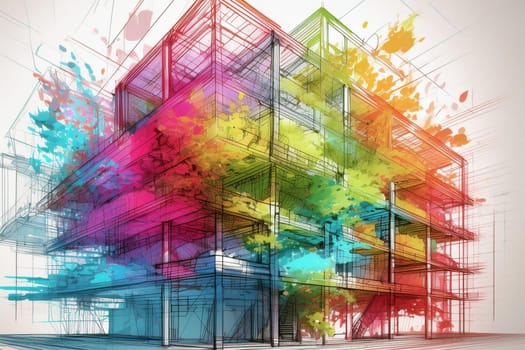 3D illustration linear drawing. Imagination architecture urban building design, architecture modern abstract background.