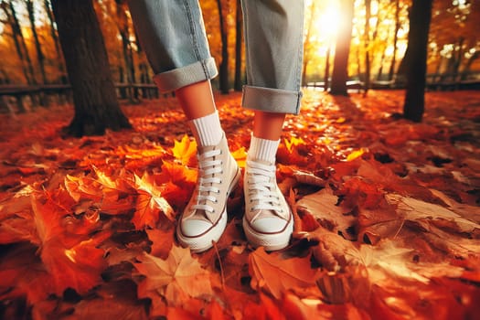 woman standing on autumn leaves with white sneakers and rolled-up jeans.