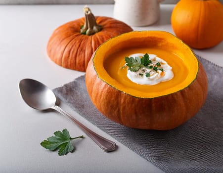 Pumpkin Soup Served in a Pumpkin.