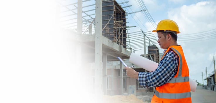 Engineers holding blueprint project working outdoors building side with blueprints on a worksite, Engineering and architecture concept, Engineer working at site of a large building project.