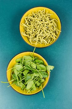 Italian cuisine vegan food Conchiglie pasta topped with spinach. Copy space.