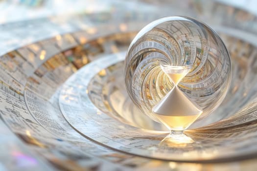 Hourglass sphere reflects spiral of information on vintage paper background.