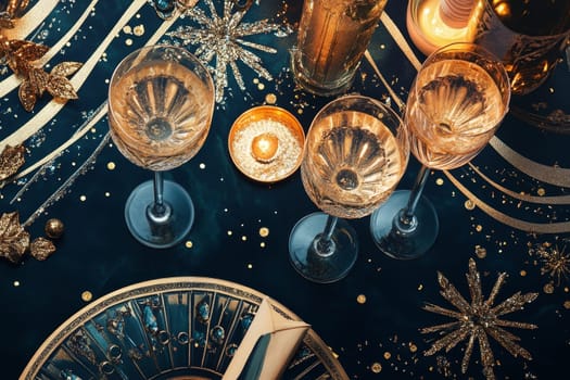 Festive table setting with champagne glasses, golden decorations, and sparkling ornaments on a dark blue background.