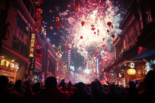 Crowded street with red lanterns and spectacular fireworks display over buildings.