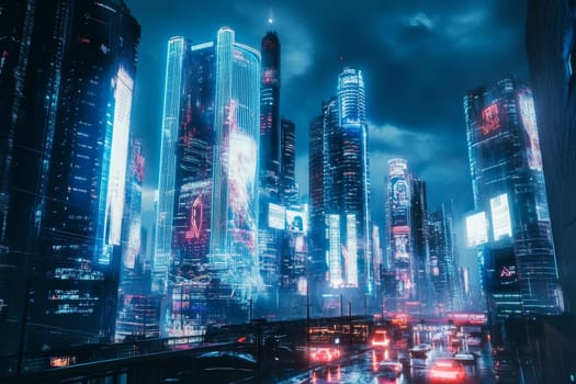 Illuminated skyscrapers with colorful lights and reflections on wet streets.