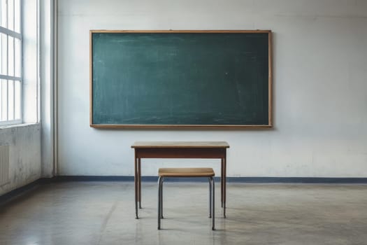Minimalist classroom interior with large green chalkboard, wooden desk and chair, and sunlight from window.