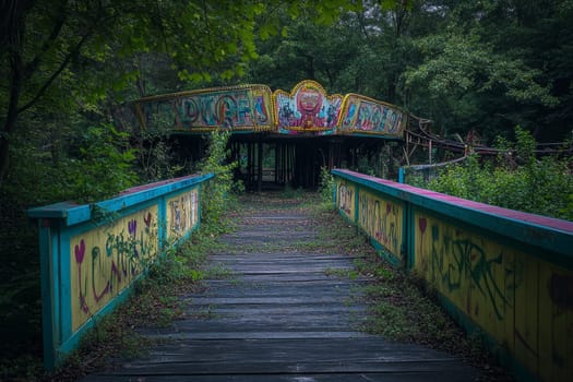 Overgrown wooden walkway leading to colorful graffitied arch in dense forest.