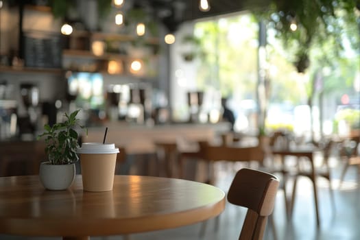 Wooden table with coffee cup and plant in a bright, airy cafe interior with blurred background.