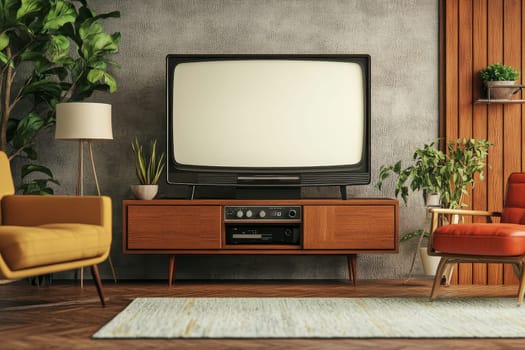 Mid-century modern living room featuring a vintage TV on wooden cabinet, surrounded by plants and retro furniture.
