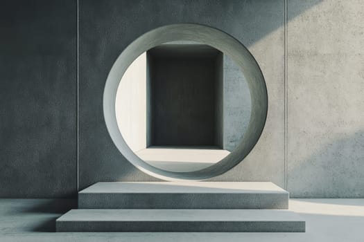 Modern interior space featuring a large circular opening in a concrete wall, showcasing minimalist design and geometry.